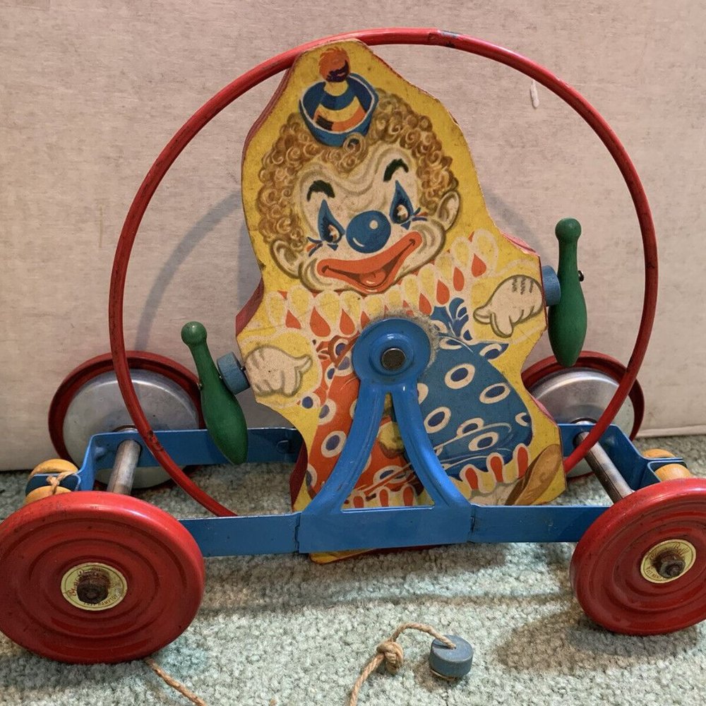 1949 - 12” VINTAGE GONG BELL MFG. CLOWN PULL TOY ORIGINAL Heavy Metal Rare Toy!!